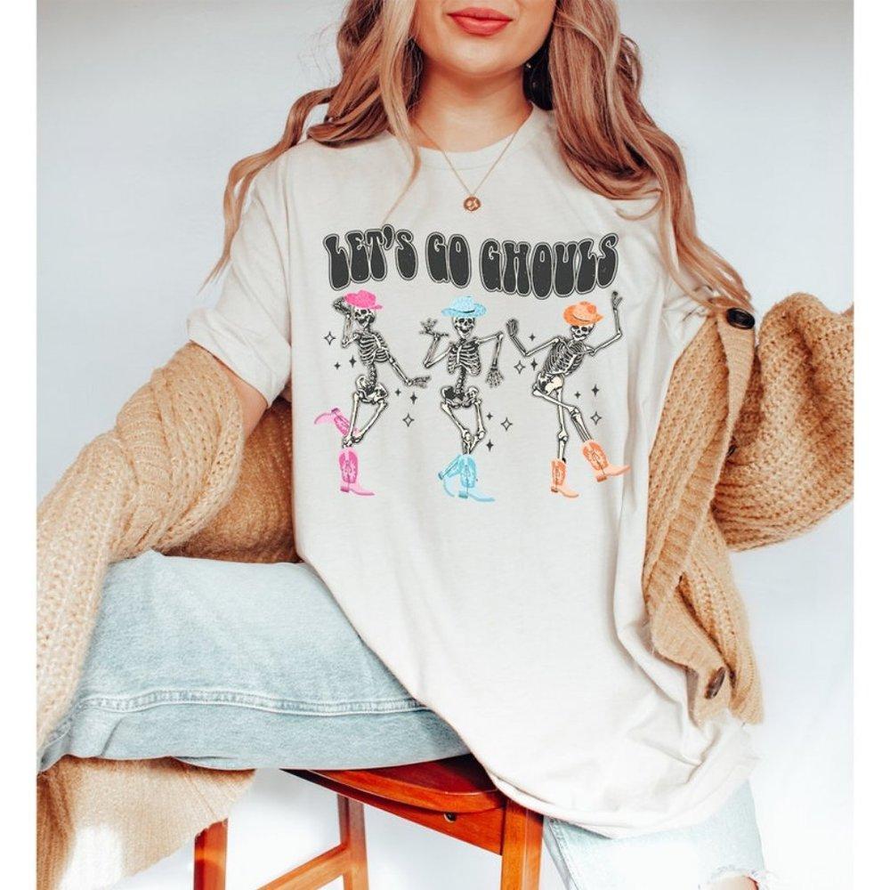 Let_S Go Ghouls Shirt, Halloween Shirt, Dancing Skeleton Ghost Shirt